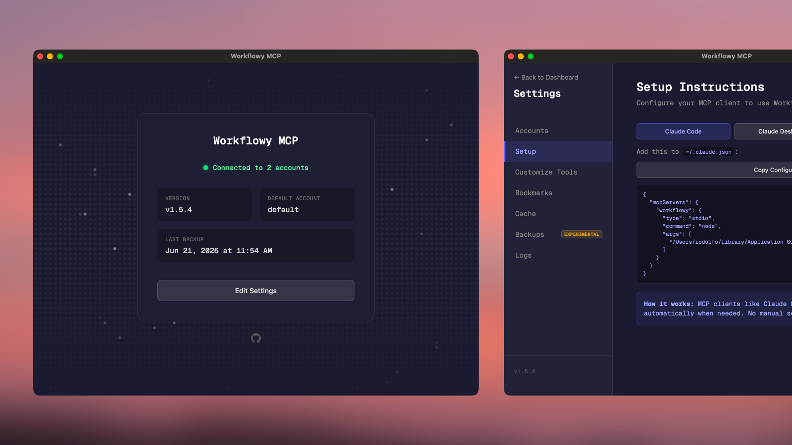 Workflowy Local MCP desktop dashboard and account settings