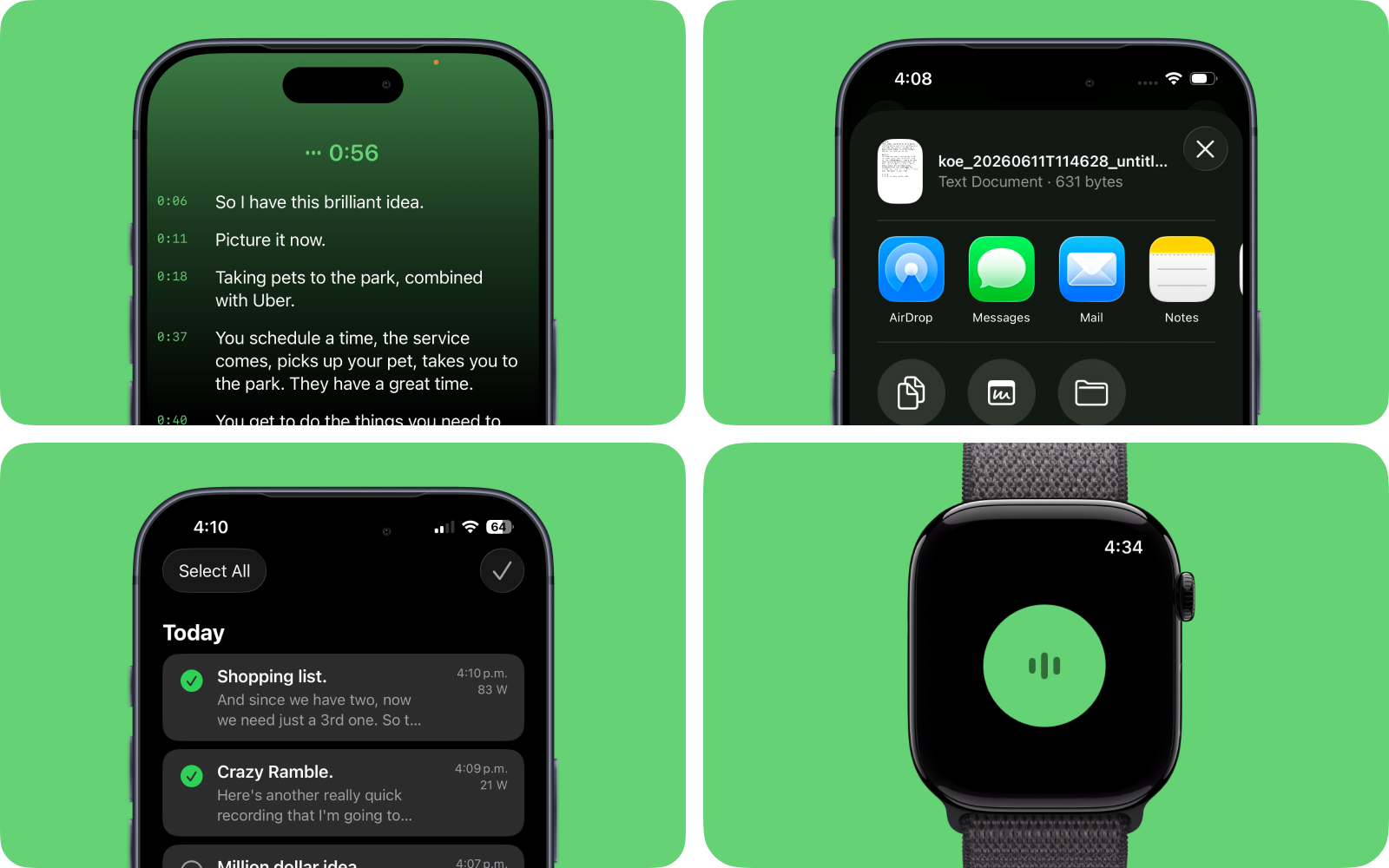 Koe live transcription, text export, daily notes, and Apple Watch capture