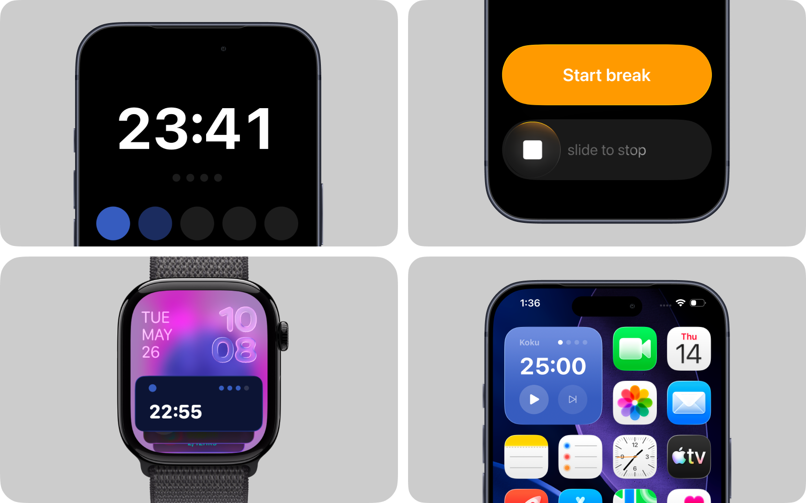 Koku focus timer shown on iPhone, Apple Watch, and an iPhone home-screen widget